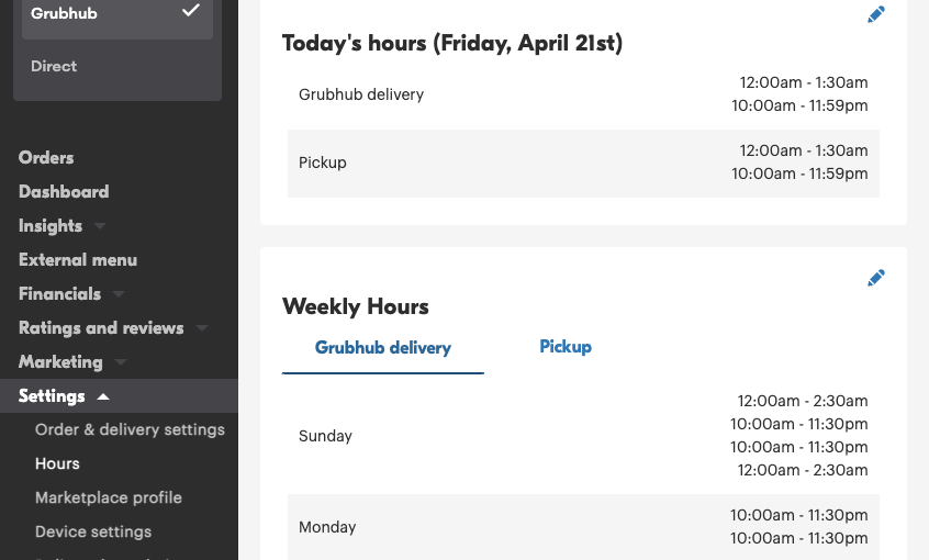 The view of a restaurant's hours on Grubhub for Restaurants.