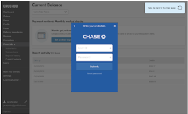 screenshot of bank login within Grubhub for Restaurants