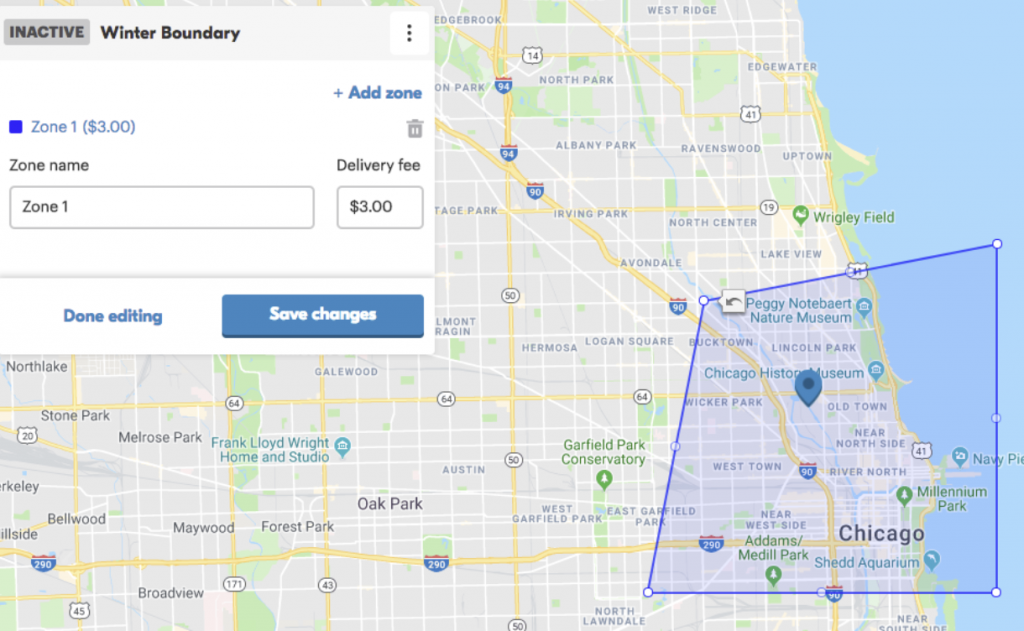Screenshot of how to edit delivery boundary