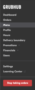 screenshot of Grubhub for Restaurants left hand navigation menu