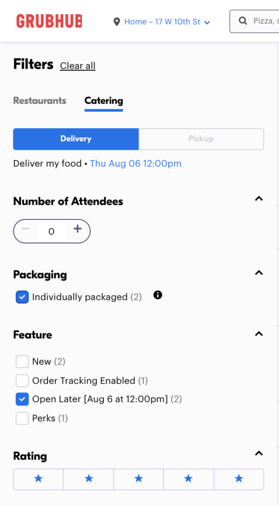 Screenshot of Catering options within the Grubhub app