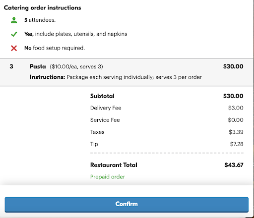 screenshot of catering confirmation pop up