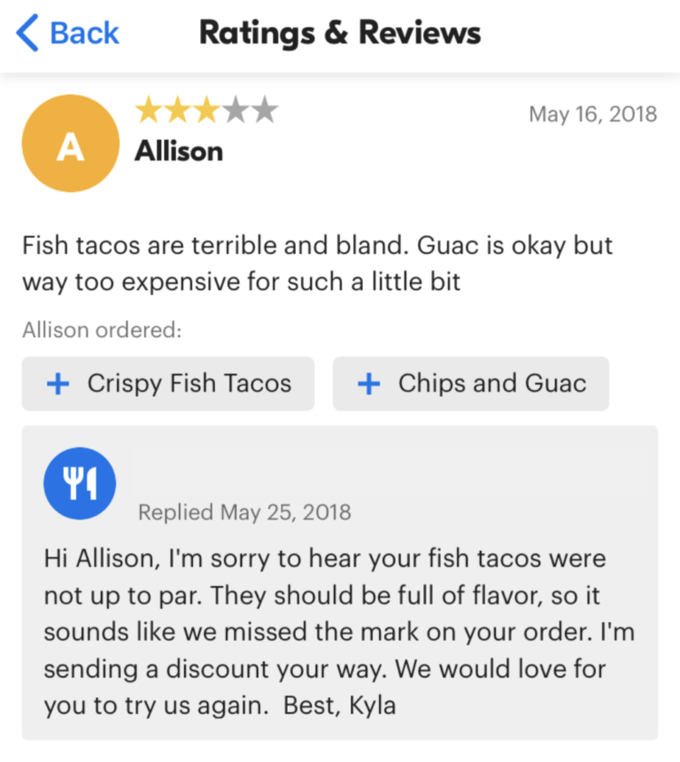 An example of a Grubhub review