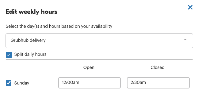 The view to edit weekly hours with a checkbox to split daily hours.