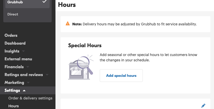 The view of special hours in Grubhub for Restaurants.